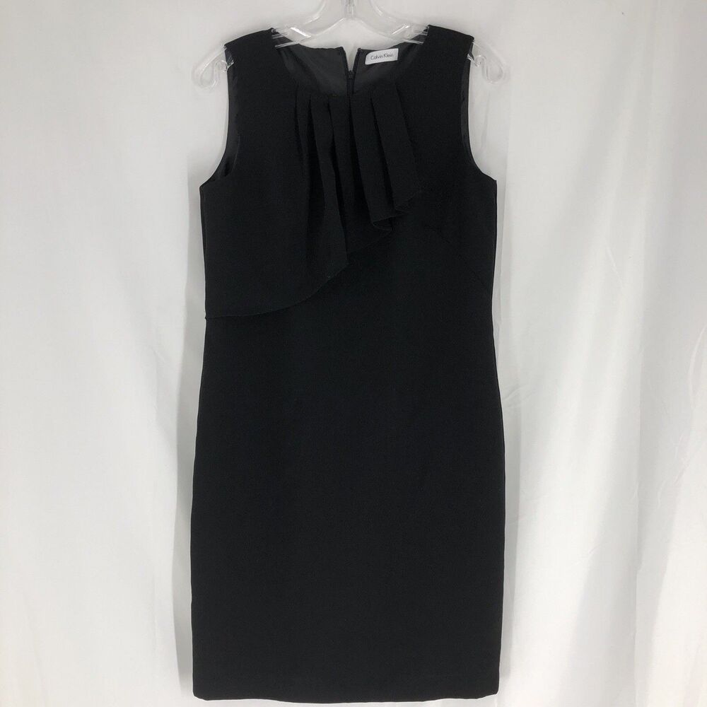 Calvin Klein 6 Black Solid Sheath Dress Sleeveless Round Neck Pleated